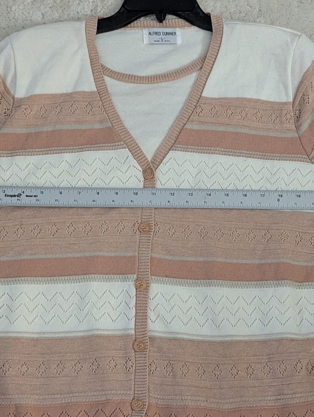 Vintage Alfred Dunner Cream and Tan Striped V-Neck Cardigan Sweater Size L